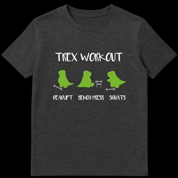 Cartoon green T-Rex struggling to do gym exercises like deadlift, bench press, and squats on a black background on Dark Heather t-shirt