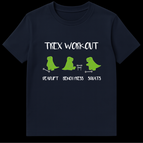 Cartoon green T-Rex struggling to do gym exercises like deadlift, bench press, and squats on a black background on Navy Blue t-shirt