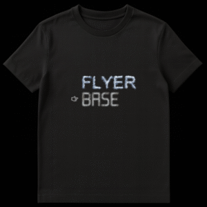 Graphic design with the word FLYER in cloud font above the word BASE in stone font on Black t-shirt