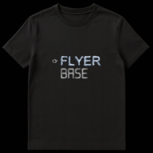 Black t-shirt featuring the word FLYER in cloud font pointing down to the word BASE in heavy metallic stone font on Black t-shirt