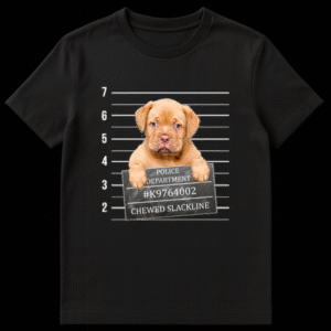 Illustration of a guilty dog holding a police mugshot sign that says Chewed Slackline on Black t-shirt