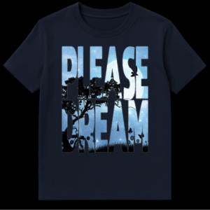 Please Dream text t-shirt design featuring a double exposure night sky scene with a full moon, silhouette trees, a bicycle, and stars inside the letters on Navy Blue t-shirt