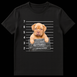 Brown puppy posing for a police mugshot holding a sign that says Ate Homework against a height chart background on Black t-shirt