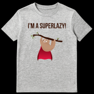 Cartoon sloth hanging upside down from a branch wearing a red superhero cape with text I'M A SUPERLAZY! on Sports Grey t-shirt