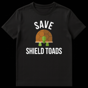 A black t-shirt featuring a cartoon turtle with text that reads Save Shield Toads in white block letters on Black t-shirt