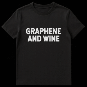 Black t-shirt featuring the text GRAPHENE AND WINE in a distressed white sans-serif font. on Black t-shirt