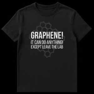 Black t-shirt with white text Graphene It Can Do Anything Except Leave The Lab and a grey hexagonal carbon lattice pattern on Black t-shirt