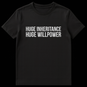 Black text graphic on a t-shirt reading Huge Inheritance Huge Willpower on Black t-shirt