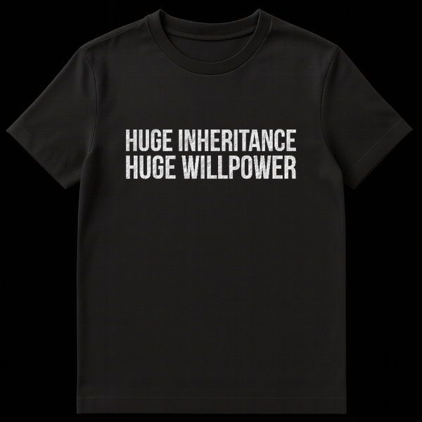 Black text graphic on a t-shirt reading Huge Inheritance Huge Willpower on Black t-shirt
