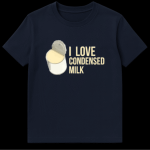 Graphic t-shirt design featuring an opened can of condensed milk with text I Love Condensed Milk on a blue background on Navy Blue t-shirt
