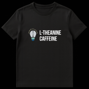 T-shirt design with L-Theanine and Caffeine text next to a brain shaped like a glowing lightbulb on Black t-shirt