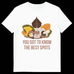 Detailed illustration of wild mushrooms like chanterelles and boletes on moss with autumn leaves and text about foraging spots. on White t-shirt