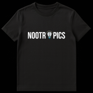 Black t-shirt with the text NOOTROPICS in white, featuring a brain inside a lightbulb icon on Black t-shirt