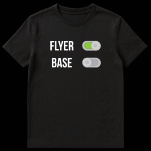 Cheerleading design with text FLYER toggled green ON and BASE toggled grey OFF on Black t-shirt