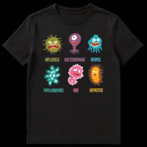 Cartoon illustration of six colorful virus monsters including Influenza HIV and Bacteriophage labeled with text on Black t-shirt