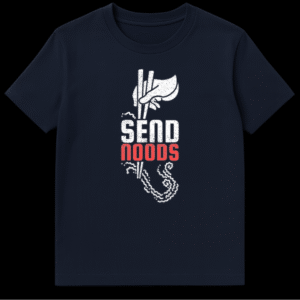 Deep blue t-shirt featuring the text SEND NOODS in distressed font with an illustration of white chopsticks holding wavy noodles. on Navy Blue t-shirt
