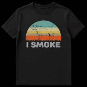 Vintage style t-shirt design with a retro striped sunset, a silhouette of a cow with butcher cut lines, and distressed text reading 'I SMOKE' on Black t-shirt