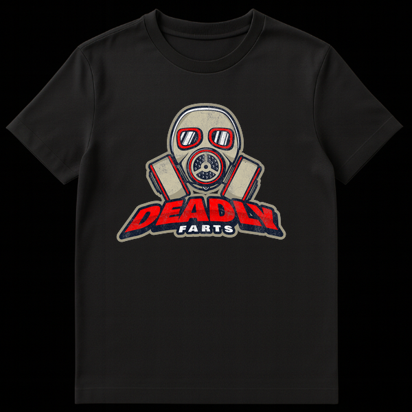 Graphic t-shirt design featuring a grey and red gas mask with the text Deadly Farts in grunge typography on Black t-shirt
