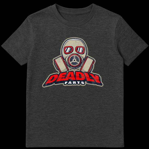 Graphic t-shirt design featuring a grey and red gas mask with the text Deadly Farts in grunge typography on Dark Heather t-shirt