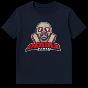 Graphic t-shirt design featuring a grey and red gas mask with the text Deadly Farts in grunge typography on Navy Blue t-shirt