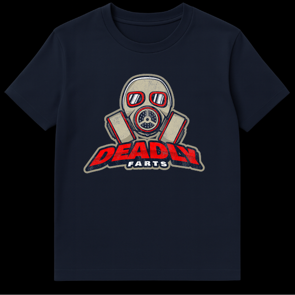 Graphic t-shirt design featuring a grey and red gas mask with the text Deadly Farts in grunge typography on Navy Blue t-shirt