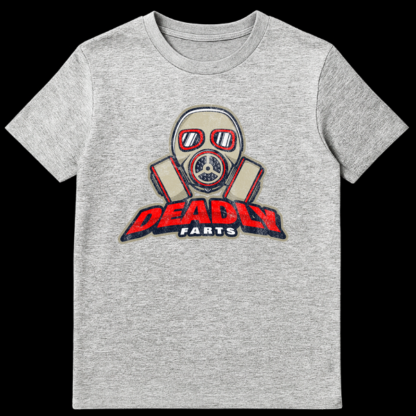 Graphic t-shirt design featuring a grey and red gas mask with the text Deadly Farts in grunge typography on Sports Grey t-shirt
