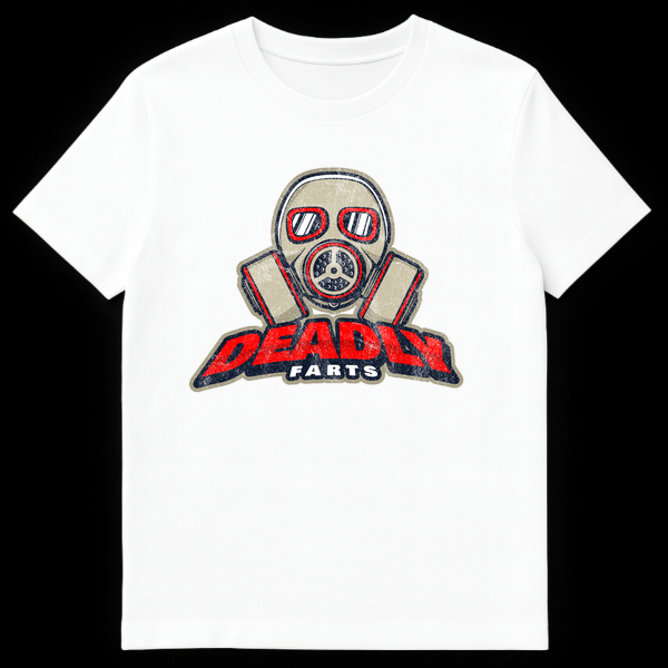 Graphic t-shirt design featuring a grey and red gas mask with the text Deadly Farts in grunge typography on White t-shirt