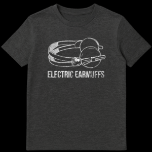 White line drawing of over-ear headphones with distressed texture and the text Electric Earmuffs below it on a dark background on Dark Heather t-shirt