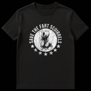 Distressed white graphic on black background featuring a skunk silhouette in a circle with text Save The Fart Squirrels and stars below. on Black t-shirt