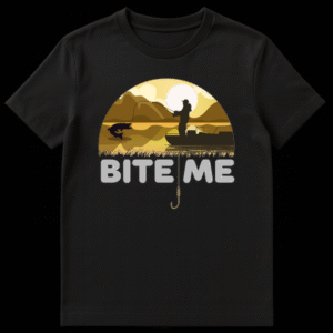 Silhouette of a fisherman on a boat reeling in a fish against a golden sunset with mountains, featuring the text Bite Me with a hook on Black t-shirt