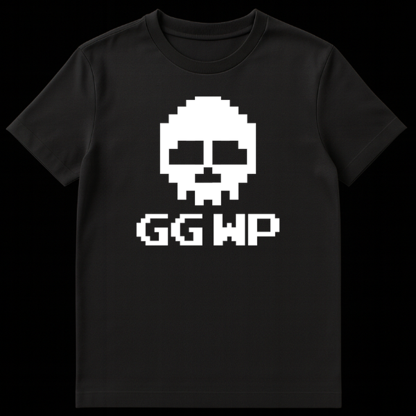Pixel art white skull with GG WP text below it on a black background on Black t-shirt