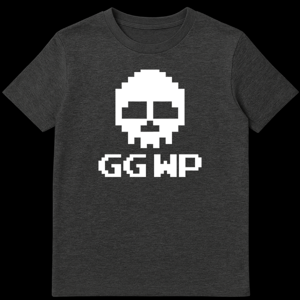 Pixel art white skull with GG WP text below it on a black background on Dark Heather t-shirt