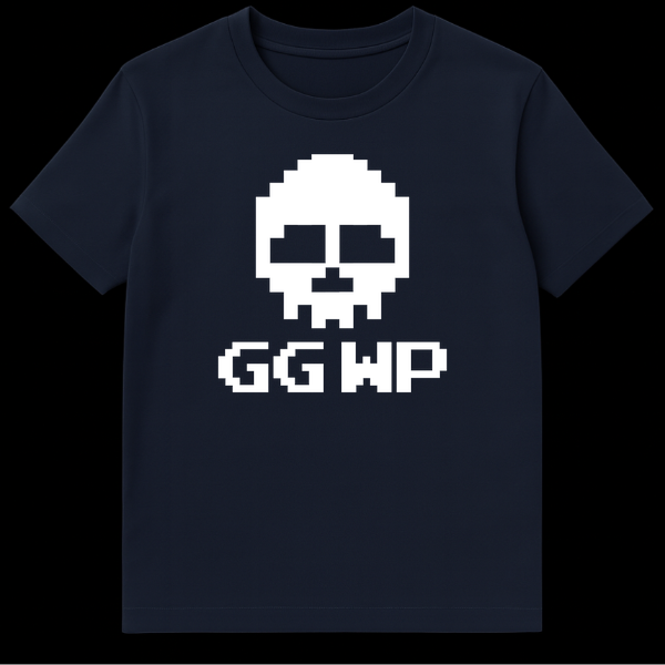 Pixel art white skull with GG WP text below it on a black background on Navy Blue t-shirt