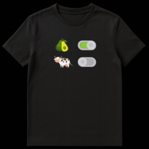 Minimalist black t-shirt design featuring smartphone toggle switches, showing an avocado switched to green 'ON' and a cow switched to grey 'OFF' on Black t-shirt