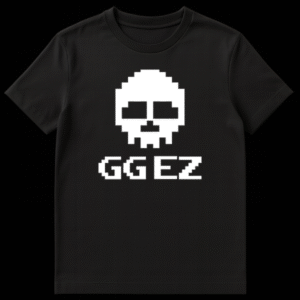 Pixel art white skull with GGEZ text below it on a black t-shirt background on Black t-shirt
