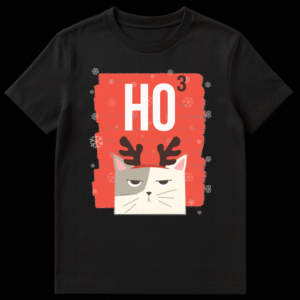 Grumpy white and grey cat wearing reindeer antlers with text HO cubed on a red background on Black t-shirt