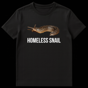Realistic leopard slug illustration with the text Homeless Snail printed on a black t-shirt on Black t-shirt
