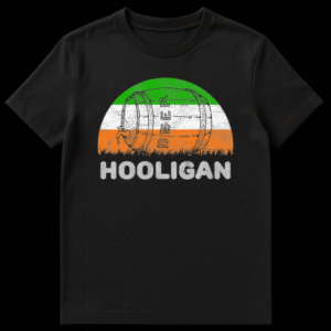 Distressed vintage graphic t-shirt design featuring a wooden beer barrel, Irish flag stripes, and the word HOOLIGAN in bold text on Black t-shirt