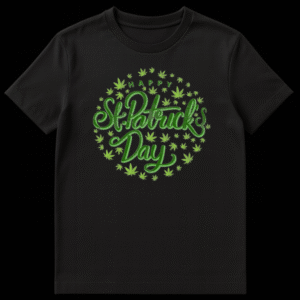 St. Patrick's Day graphic design featuring marijuana leaves arranged in a circle around green text on a black background on Black t-shirt