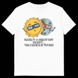 Cartoon Sun and Moon wearing 3D glasses and making rock on gestures with motivational text Make It A Great Day on White t-shirt