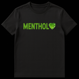 Black t-shirt with the word MENTHOL in distressed green text, ending in a heart shape made of mint leaves. on Black t-shirt