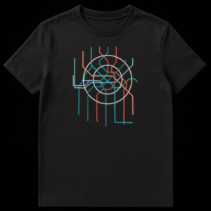 Abstract subway map graphic with intersecting neon lines in teal, orange, and red on a black background on Black t-shirt