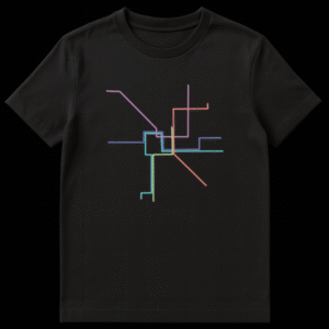 Abstract minimalist graphic design of the Washington DC Metro subway lines featuring colorful geometric routes on a plain background on Black t-shirt
