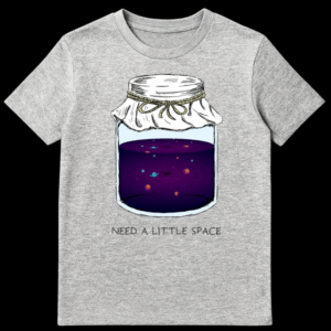 Illustration of a mason jar filled with purple outer space, planets, and stars with text Need A Little Space below it. on Sports Grey t-shirt