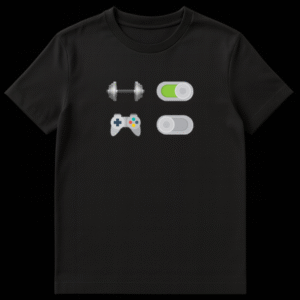 Graphic t-shirt design showing a toggle switch turning Fitness Mode ON and Gaming Mode OFF on Black t-shirt