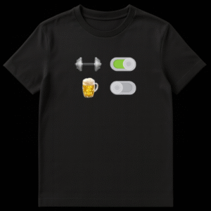 Graphic design showing a dumbbell toggle switch turned on green and a beer mug toggle switch turned off grey on Black t-shirt