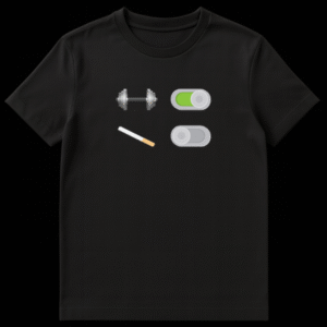 Graphic t-shirt featuring a toggle switch turning on fitness and turning off smoking on Black t-shirt