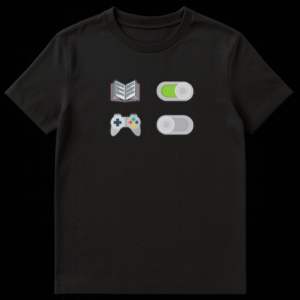 Graphic t-shirt design showing a book icon with an ON switch and a game controller with an OFF switch on Black t-shirt