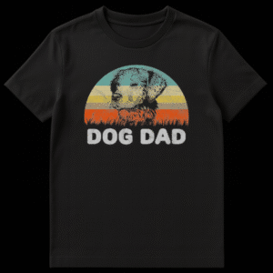 Golden Retriever head sketch over a retro striped sunset with distressed Dog Dad text on a black background on Black t-shirt