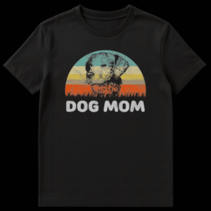 Retro style Golden Retriever head illustration with a striped sunset background and distressed Dog Mom text on Black t-shirt